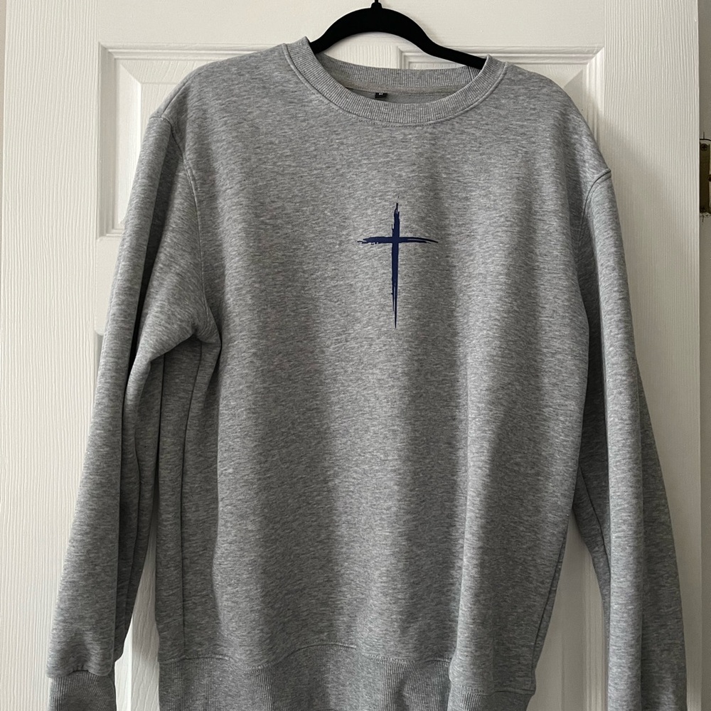 Gray Crewneck Sweater with Blue Cross Design